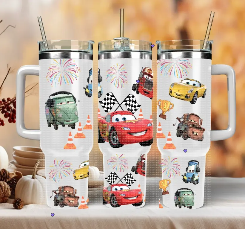 [Gift Box & Straw] Red Cartoon Race Car 40oz Stainless Steel Tumbler with Handle, Double Wall Vacuum Insulated Travel Mug, Checkered Flag Racing Cup, Fits Car Cup Holder, Cute Racing Fan Gift