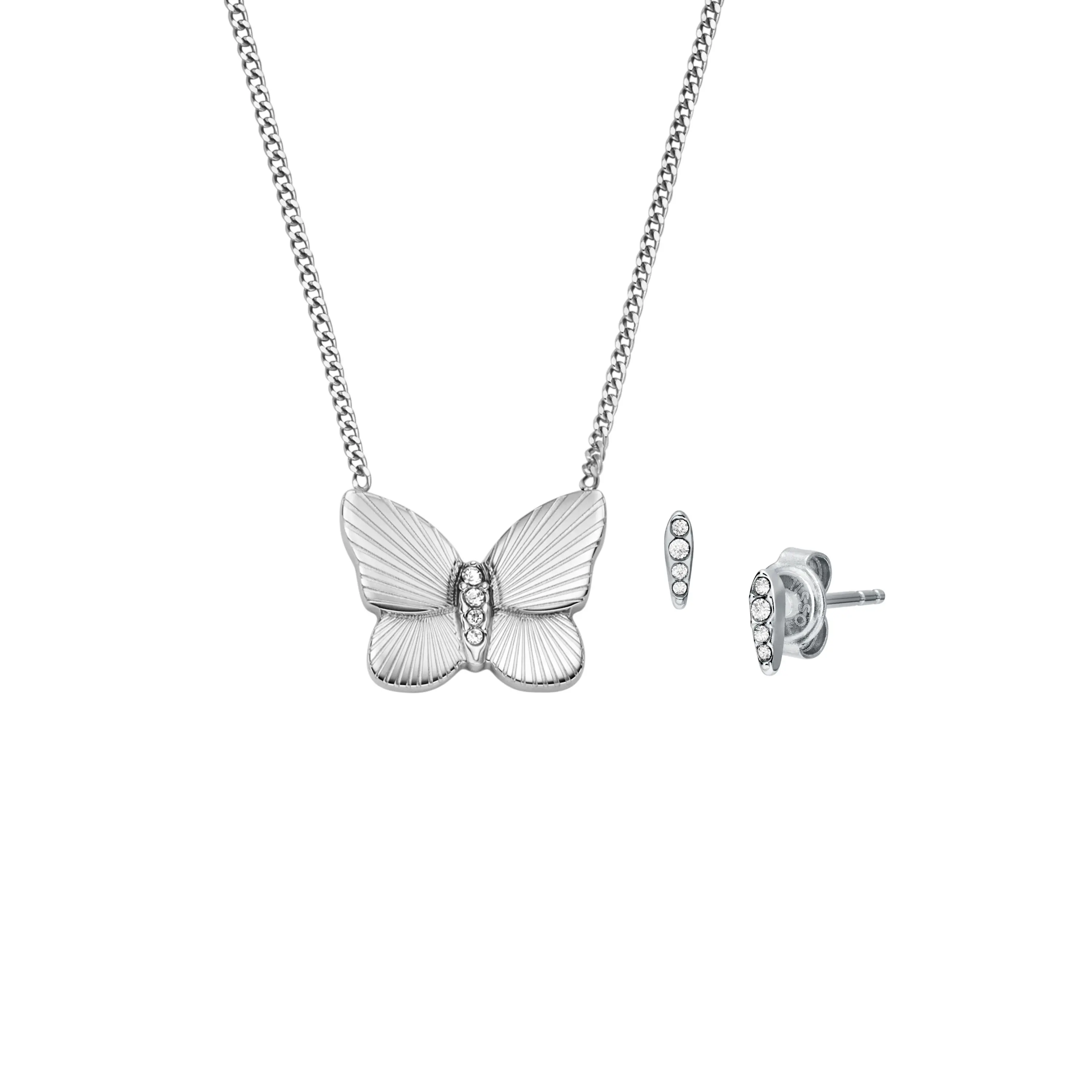 Fossil Women's Sutton Stainless Steel Butterfly Necklace and Earrings Gift Set