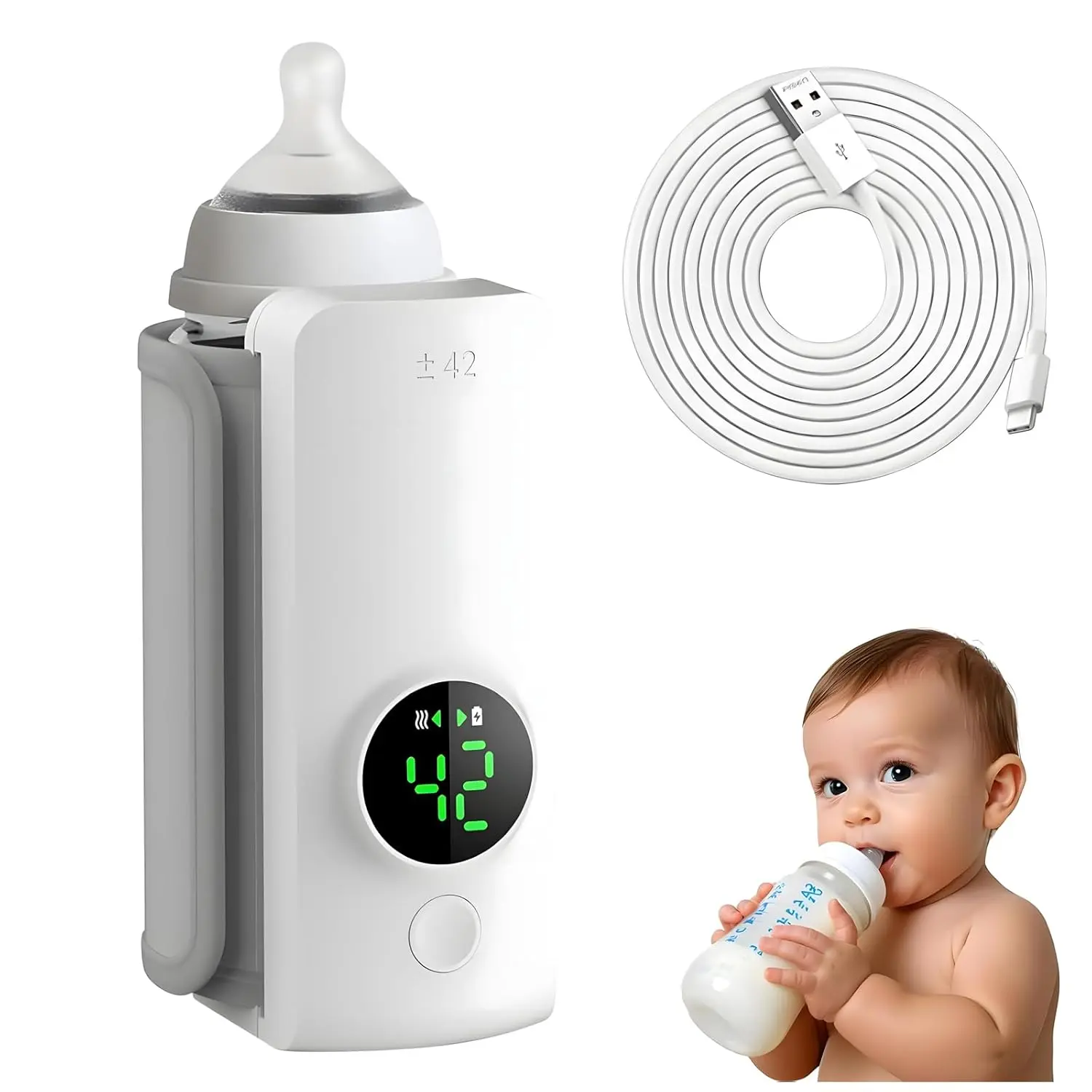 Portable Bottle Warmer, Rapid Warming with Battery-Powered Temperature Display, Waterless Milk Warming for Comfortable Baby Feeding On The Go