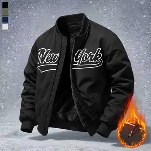 Men's Casual Classic Baseball Jacket with "New York" Print Winter Snow Coat Fleece Lining Windproof Design for Skiing Hiking Camping Fishing Mountaineering Travel Menswear Loose Tops Stylish