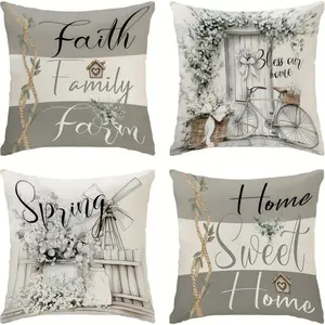 4pcs, Pastoral Style Throw Pillow Covers,  "Home is Sweet" Design, Suitable Spring Living Room, Bedroom, Sofa and Bed Decoration, Spring Decoration, to add Warmth, Single Sided Printing, No Pillow Core