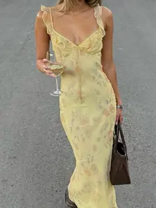 Women's Floral Print Ruffle Hem Long Dress Y2K Style Slim Fit Beach Vacation Retro Bodycon Tank Dress Spring Summer Bohemian