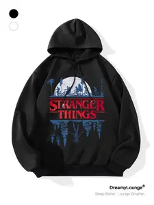 Stranger Things Blue Gradient Shadow Inverted Logo Print Hoodie, Loose Fit Casual Sweatshirt for Home Wear or Daily