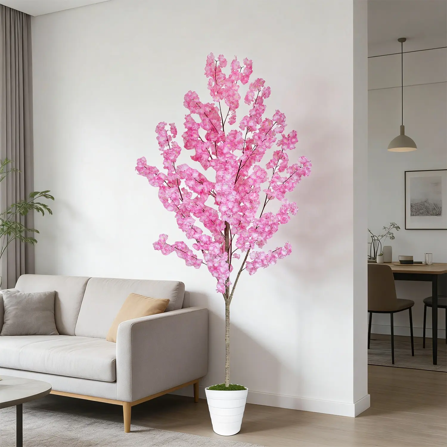 1Pcs 5.25ft-6.89ft Artificial Cherry Blossom Tree, Home Floor Decoration, Includes Plastic Pot & Faux Moss, Perfect for Kitchen, Living Room, Wedding, Fake Indoor Plants, House Plants Decor, Decorative Fake Plant