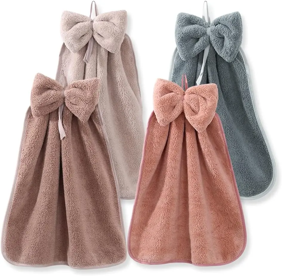 4 Pack Cute Hand Towels Set,Bowknot Bathroom Towels with Hanging Loop,Microfiber Coral Fleece Absorbent Hand Towel for Kitchen Bathroom Bedroom,Father's Day Gift