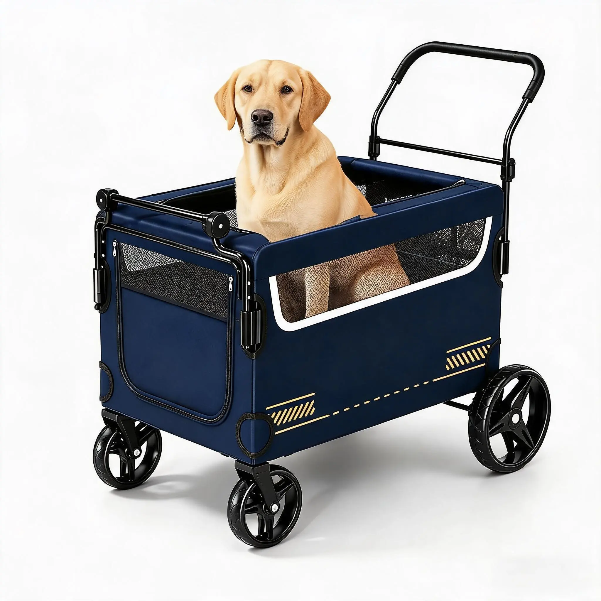 2-in-1 Heavy Duty Dog Stroller & Wagon with Ramp for Large Dogs – Foldable All-Terrain Pet Cart for Medium to Large Breeds, One-Step Brake, 360° Swivel Wheels, Adjustable Handle, Holds Up to 110 lbs