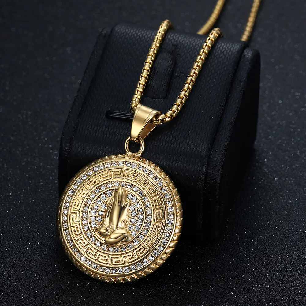 Biblical Themed Necklaces for Men & Women, Gold Stainless Steel Praying Hands Coin Pendant on a Long Chain, Faith-Inspired Medal with Engraved Verse and Simulated Diamonds, Christian Birthday Gift Jewelry, Faith Necklace, Anniversary, Necklaces For Women