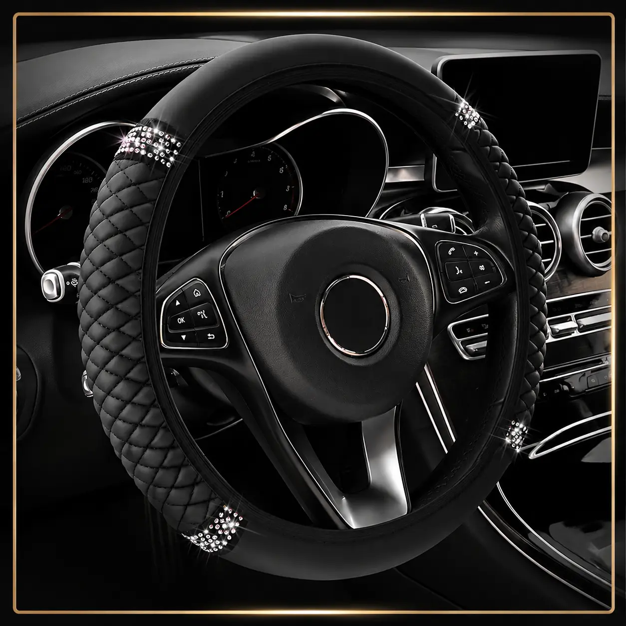 Bling Diamond Leather Steering Wheel Cover, Sparkly Crystal Glitter Rhinestones Car Wheel Protector, Steering Wheel Cover for Women Girls, Car Accessories for Women, Universal Fit 14"1/2-15" Black Diamond Car Decor for SUVs, Vans, Sedans, Trucks