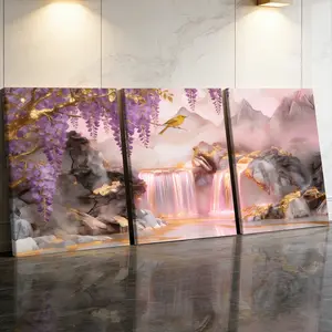 3 Counts Wooden Framed Canvas Painting, Watercolor Floral Design, Floral Aesthetic Pattern, Purple Wisteria Waterfall Images, Exquisite Poster, Floral Prints, Perfect Gift, Home Decor, Modern Art, Wall Art Decoration