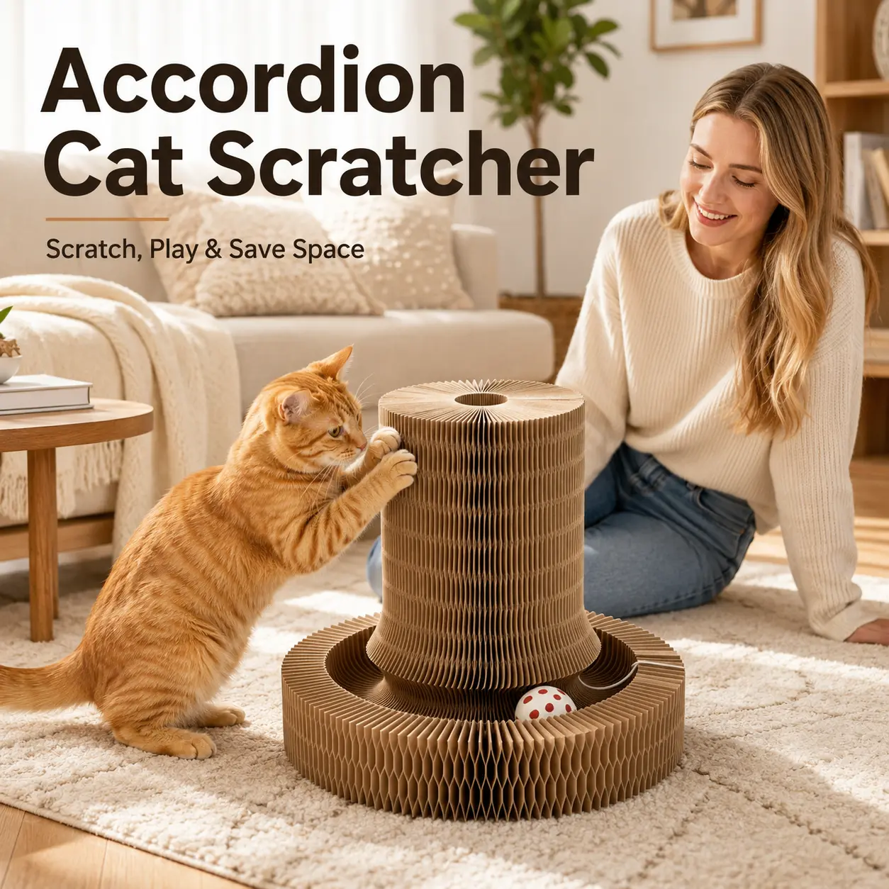 Cat Cardboard Scratch Pad - 2-in-1 Accordion-Style Foldable, 37.5×37.5×26 cm Space-Saving Art Deco Pet Toy with 1×Interactive Ball, Built-In Ball Track, Compatible with Natural Sisal Floor-to-Ceiling Cat Trees (For Bedroom, Living Room)