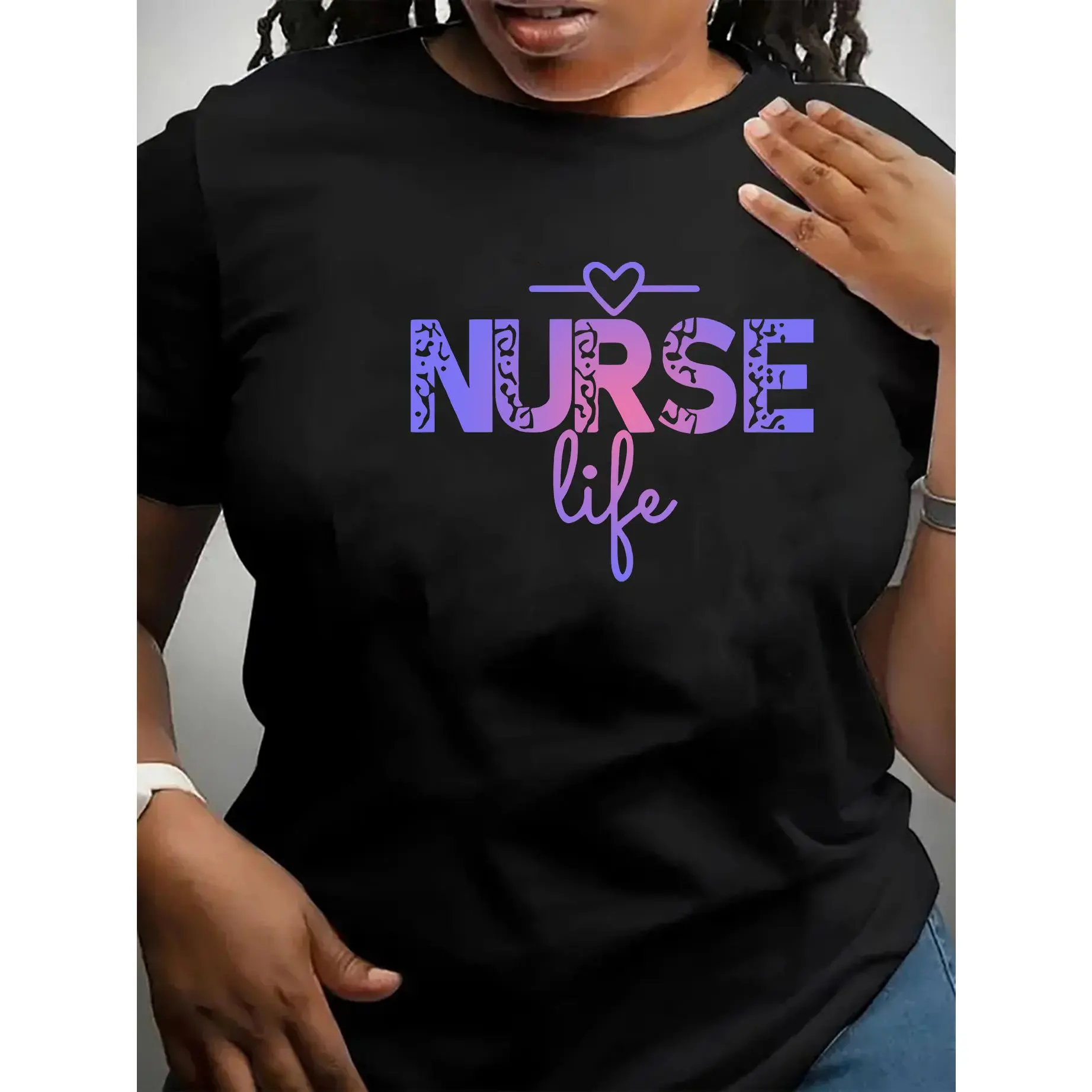 Women's Casual Short Sleeve T-Shirt with -Themed 'Nurse' Lettering - Round Neck Blouse for Nursing Scrubs & Casual Attire - Machine Washable Comfortable Summer Top for Healthcare Professionals & Casual Outfits