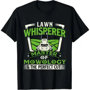 Men'S Humorous Lawn Whisperer T-Shirt Solid Black Featuring A Green Lawn Mower and Grass Design of Mowing