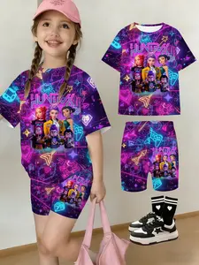 Girls Kpop Korean Style Summer Fashion Clothes Set Comfortable Short Sleeve Top & Yoga Shorts Set, Cyberpunk Cartoon Anime Print, Casual Daily Wear