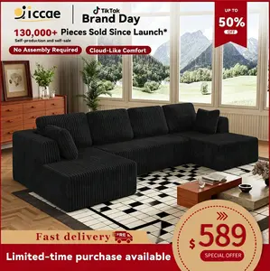 [ 2 Packages Shipped] [sectional sofa couch] Niccae U-shaped Modular Sectional Sofa, Compressed Corduroy Fabric, Modern Style Living Room Sofa Bed, Space-Saving Recliner Design - Convertible Corduroy Sectional Sofa