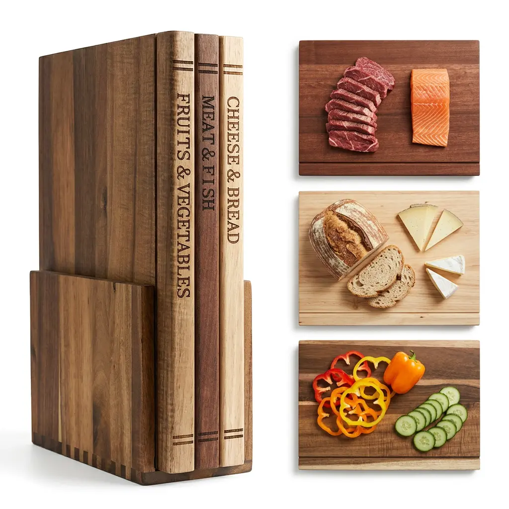 LDQ Book Cutting Board Set of 3 with Stand - The Cutting Board Library, Wood Cutting Boards & Wooden Utensil Set - Charcuterie Boards for Kitchen, Home Decor Gift,