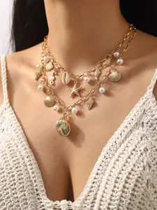 Oceanic Pearl Fringe Necklace, Beach Shell Pendant, Bohemian Style, Seashell Star Pearl Locket, Party Accessory