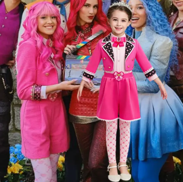 Girls Pink Cosplay Costume Set, Descendants Inspired Kids 4 Pieces Outfit, Jacket Shirt Shorts & Printed Tights, Children Halloween Stage Role Play Fancy Dress