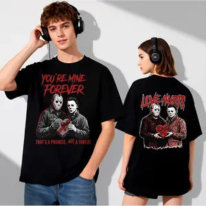 100% pure cotton Black T-Shirt With Horror Movie Characters And Love Text For Couples Casual Wear