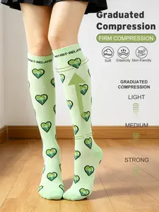 1Pair Heart Pattern Green Compression Ladies Sports Socks, Soft Women Non-Slip Basketball Socks, Thigh Outdoor Running Socks, Over-Knee Length Sleeping Socks, Daily Socks, Gym Socks, Towel Bottom Sweat-Absorbent Breathable Socks, For Yoga, Pilate.