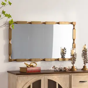 Carved Wall Mirror Decorative Column Frame for Living Room Entryway Retro Decor Rectangular Textured Frame Matte Gold Finish Solid Wood Classic Vintage Charm
