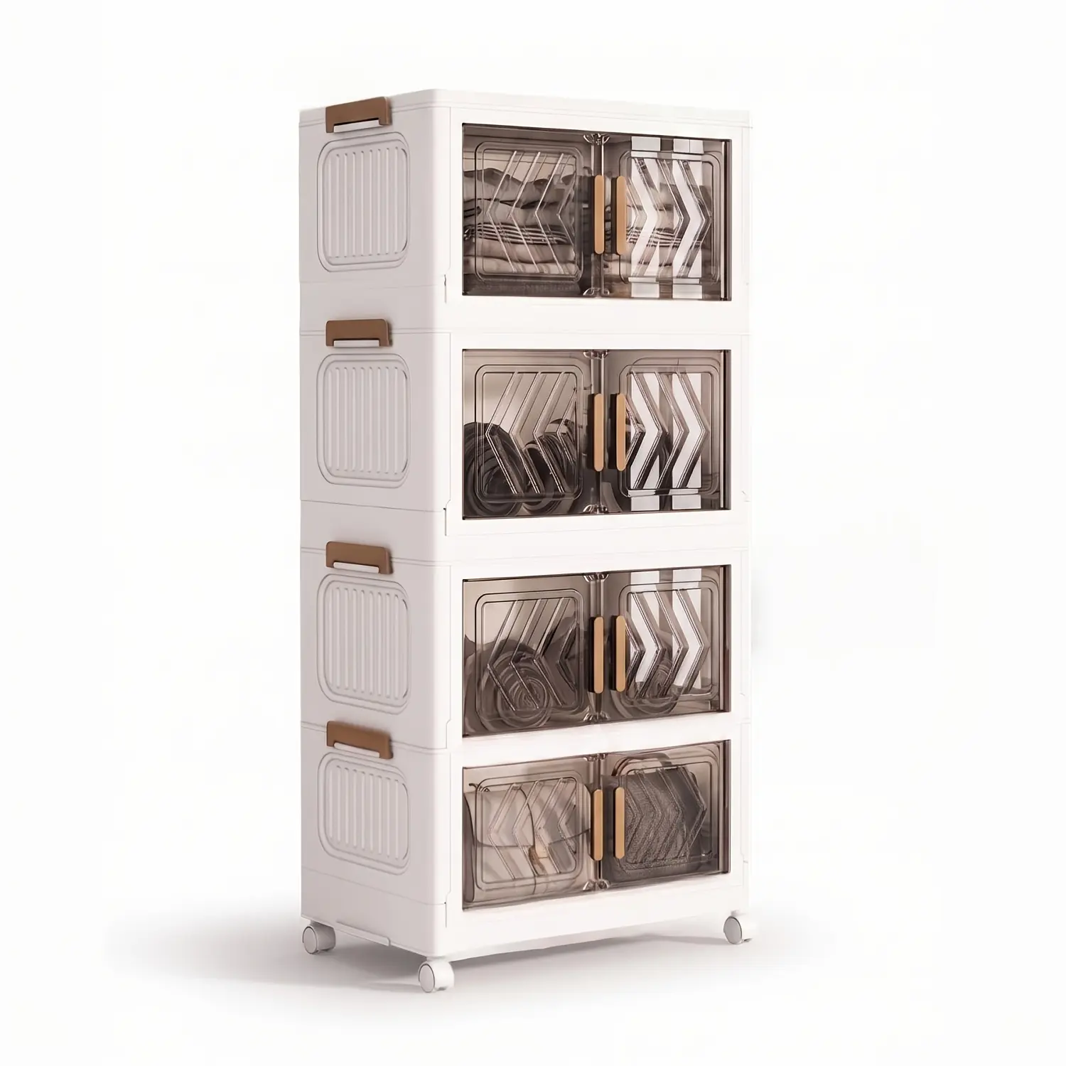 4-Tier Collapsible Storage Bins with Wheels - 19.7" Wide 92 QT Stackable Folding Cabinet Organizer with Magnetic Doors for Room, Closet, Bathroom Use, Room Storage, Closet Storage