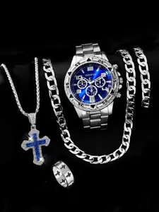 Men's Casual Business Quartz Trendy Watch Set, Cross Hollow Ring, Artificial Diamond Pendant Necklace Bracelet, Daily Wear Jewelry, Fashionable Jewelry Set