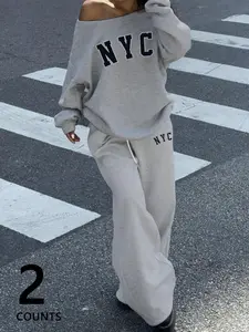 Women's Asymmetrical Neckline Loose Fit Sporty Set, Casual Fall & Winter, Warm Lined Wide Leg Pants, Daily Wear, Loose Pant Sets