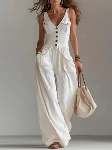 2026 New Women's Jumpsuit Overalls, French Style Chic High-Waisted Wide Leg, Sleeveless Loose Fit, Multi-Pocket Workwear