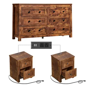 VanAcc 3 Pieces Farmhouse Bedroom Set, Including 1 X Wood Rustic 6 Drawer Storage Dresser and Nightstands Set of 2, Unique Bedroom Furniture with Metal Handle, Two End Tables with Charging Station