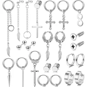 MILACOLATO 24Pcs Stainless Steel Dangle Earrings for Men Hinged Hoop Earrings Set with Kpop Earrings in Silver and Black Color