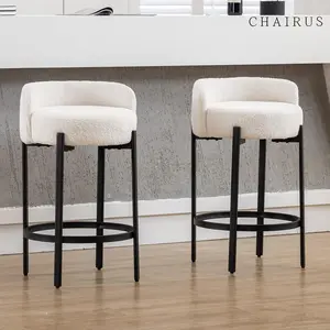 CHAIRUS  Counter Height Bar Stools Set of 2, Modern 26"  Sherpa Fabric Round Barstools,Upholstered Counter Stools with Black Metal Legs and Footrest, Bar Stools for Kitchen Island Counter,Dining Room,Small Space, White