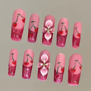 NailVesta FLORAL CHERRY – 100% Handcrafted 3D Press-On Nails | Reusable, Long-Lasting, Salon-Quality black lace nail art nail art