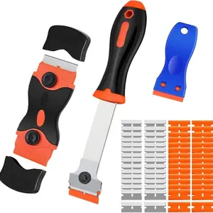 Razor Blade Scraper Tool Set, 3 Pieces with 50 Plastic & 30 Metal Blades, Cleaning Razor for Labels, Stickers, Paint, Glass, Appliances