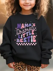 Girls' Cotton Long-Sleeve Crewneck Sweatshirt - Autumn-Winter Loose Leisure Pullover with MAMA'S DRAMATIC LITTLE BESTIE Checkered Letter Print, Kids' Fashion Top