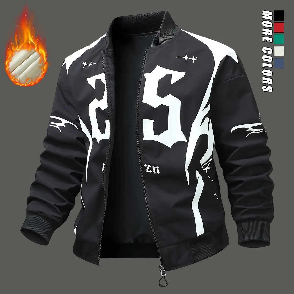 Men’s casual jacket/baseball varsity jacket—trendy printed outerwear with a flight suit–style design; thick men’s jacket suitable for outdoor sports like camping, fishing, hiking, mountaineering, and cycling in winter.