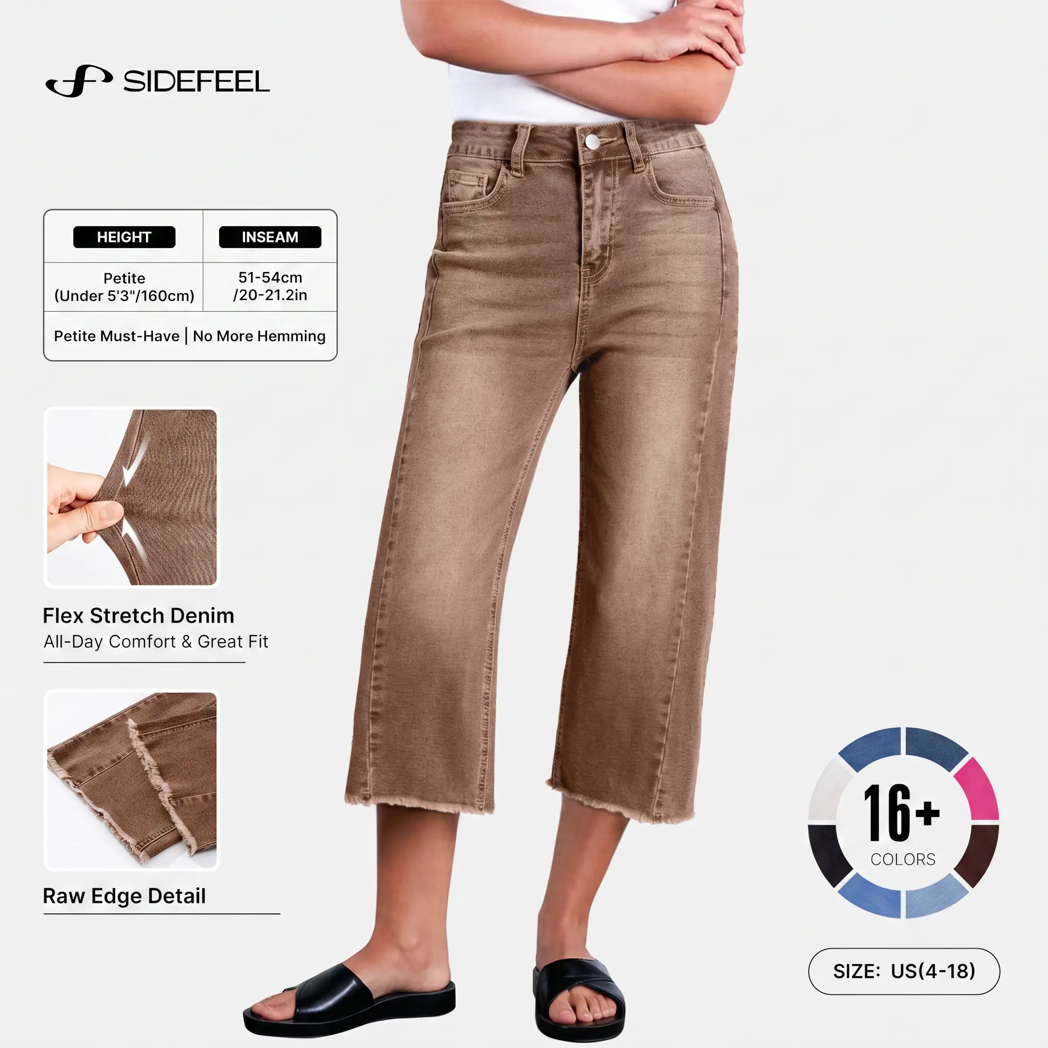 Sidefeel Women's Capri Jeans High Waisted Wide Leg Stretchy Raw Hem Side Seam Zimbaplatinum Denim Pants DealsForYouDays summerwins WeeklyDeals Summer Outfit