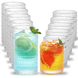 Drinking Glasses Set of 12, 12 Oz Highball Glasses & 10 Oz Cocktail Glasses, Clear Embossed Boho Glass Cups Kitchen Bar Tumbler Glassware Set for Whiskey, Beer, Juice, Milk