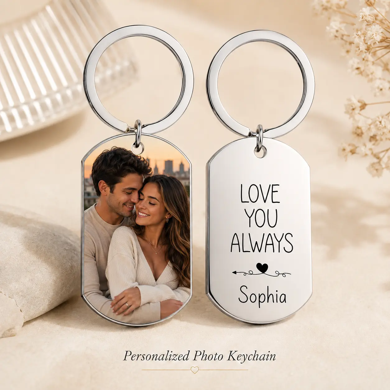 Personalized Photo Keychain for Couples, Custom Stainless Steel Keychain with Picture & Name, Anniversary Gift for Him or Her art