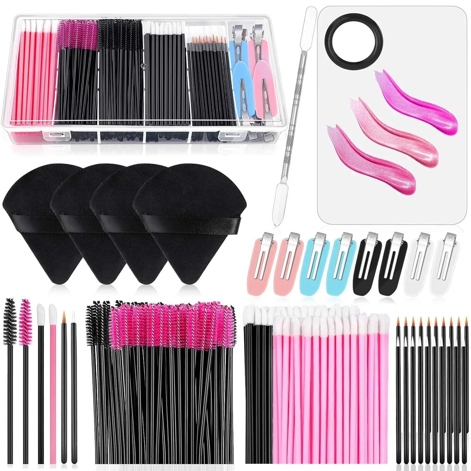 Disposable Makeup Applicators Kit with Triangle Puff Mixing Palette, Artist Supplies Disposable Mascara Wands, Lip Brushes, Hair Clips Powder Puffs for Face with Storage Box Audab