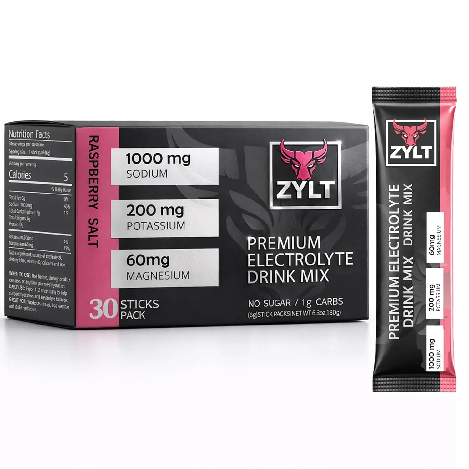 Electrolyte Powder Drink Mix Packets - 30 Sticks, 0 Sugar, Low Carb, Raspberry Salt, Potassium-Infused Hydration Supplement, Recovery Aid, Healthcare Support, Prop 65 Safe