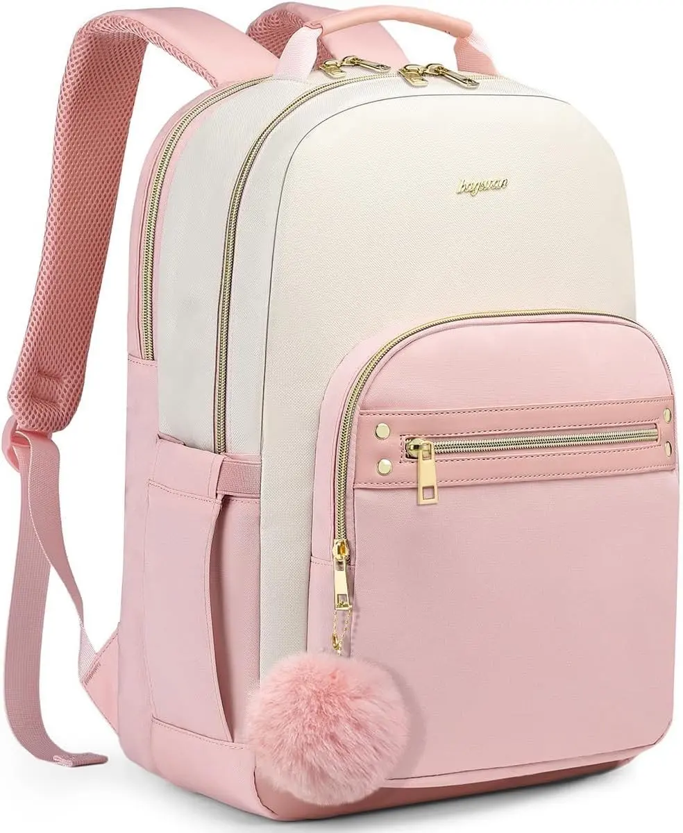 bagswan Laptop Backpack for Women Travel: Cute 15.6 inch College Bookbag Casual Daypack Work Computer Backpack for Women Nurse Teacher Beige-Pink Gift