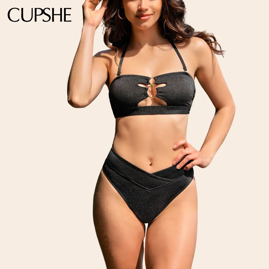 CUPSHE Women's Sparkle Fabric Bandeau Style Bikini Set - High Waisted Cheeky Cut Bottoms, V-Front Bathing Suit for Summer Beach Pool#summerfinds, High Waisted Bikini