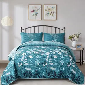 Quilt Set  Size,3 Pieces Teal Floral Botanical Leaves Bedspread Coverlet Set with 2 Pillowcases for All Season, Soft Microfiber Floral  Set 96"90"