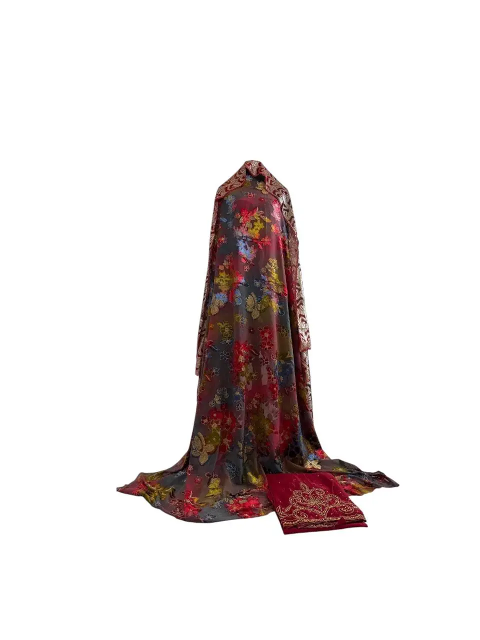 Burgundy Bloom Luxury Floral Dirac Set with Embroidered Shawl