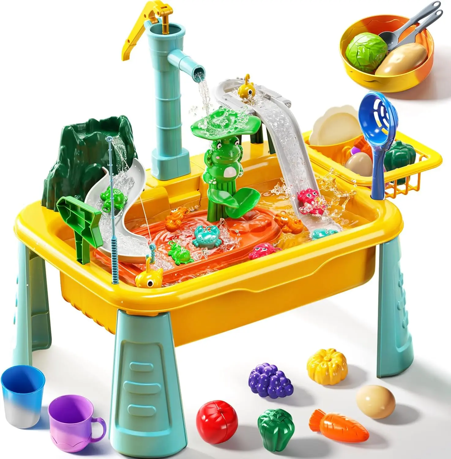 Play Sink with Running Water（ Fishing Games ）, Pretend Play Kitchen Sink with Upgraded Electric Faucet, Realistic play set learning cookingset Plastic Toy Outdoorfun Fun Cleaning Playset，Girls Role Play Gift