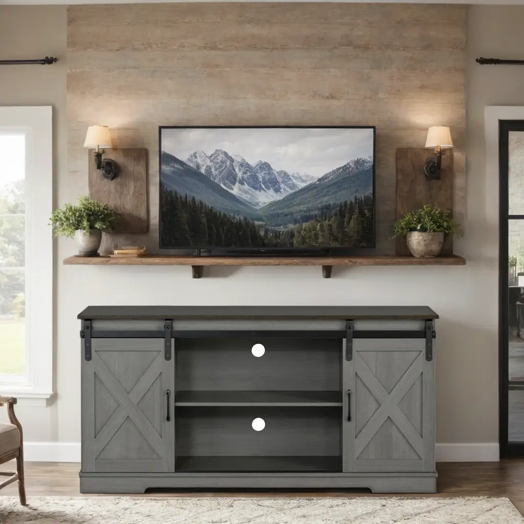 Camden Farmhouse TV Stand with Sliding Doors & Cable Management (Fits up to 65")