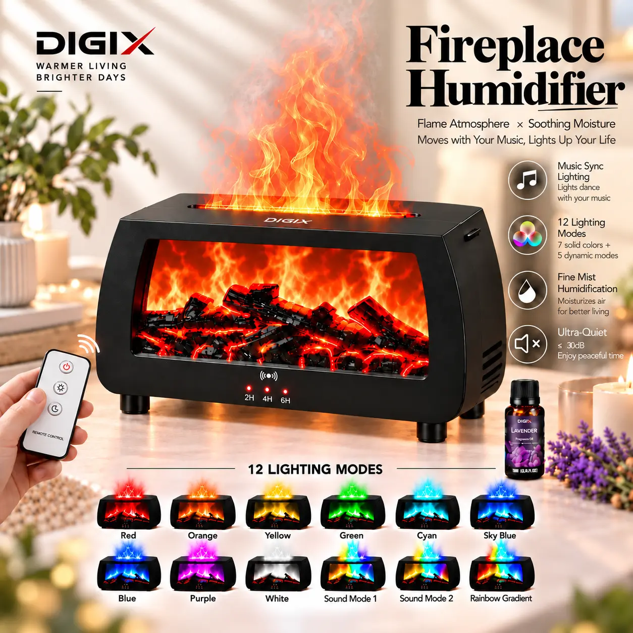 DIGIX Sound Reactive Fireplace Humidifier - 200ml Ultrasonic Cool Mist Diffuser, RGB Lights, Music Sync Flame Effect, Timer, Auto-Off, Room Gadgets, Diffuser for Home, Relaxing Gifts, Home Decor for Bedroom, Office