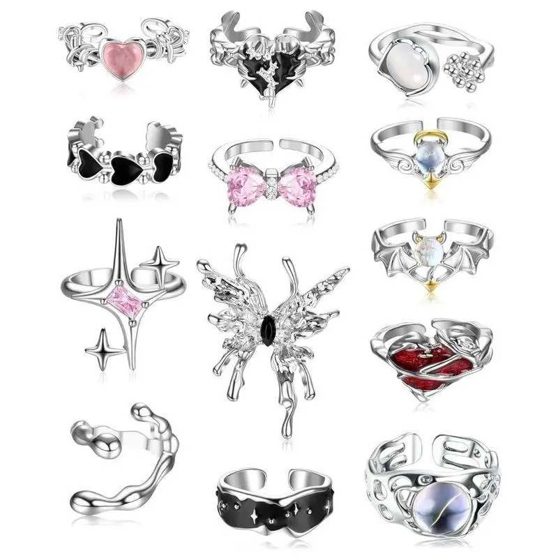 Women's 13 PCS Y2k Adjustable Size Ring Set Vintage Irregular Shapes Chunky Bands Open Closure Butterfly Motif Moonstone Star Pink Heart Statement Rings with Retractable Keychain
