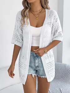 Spring Summer Basic Casual Plain Hollow Out Breathable Knit Cardigan, Women's Fitted Half Sleeve Sun Protection Top, Sheer Design