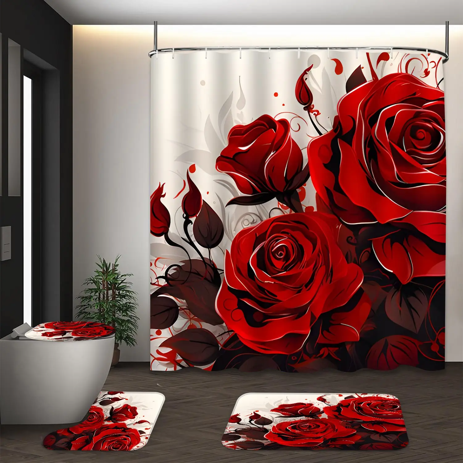 LVRLVR 4Pcs Red Rose Floral Print Romantic Modern Multi-Color Bathroom Decor And Accessories Flower Shower Curtain Set 70.8×70.8 Inch